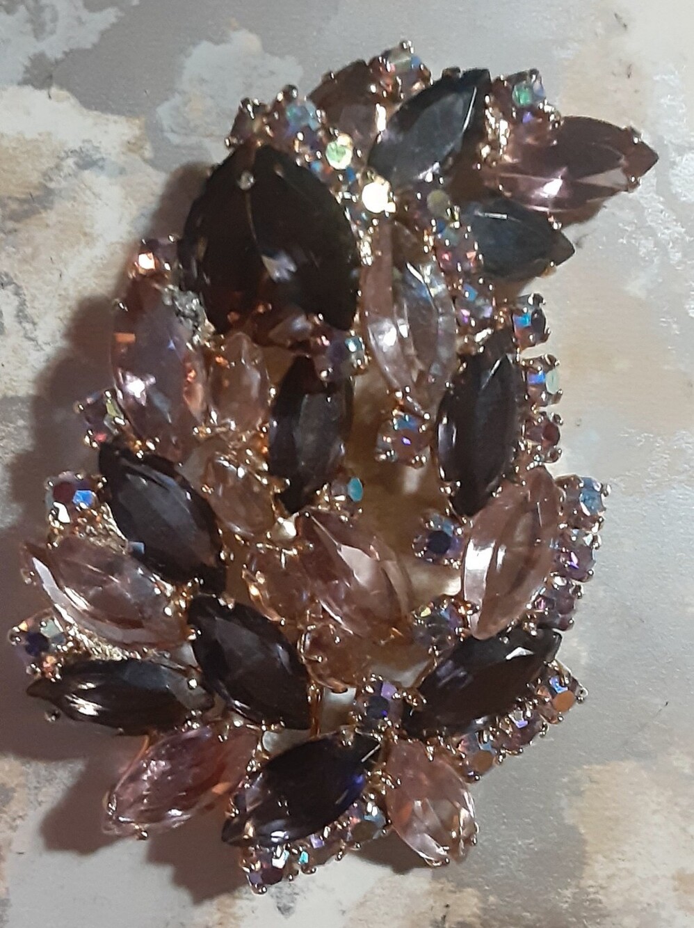 c1950 Juliana DeLizza & Elster Lavender, AB Blue Pink Purple Navette Brooch